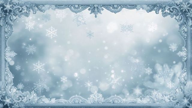 Ornate frosted frame with floating snowflakes and soft blue bokeh background