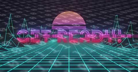 Retro futurism digital landscape with motivational text