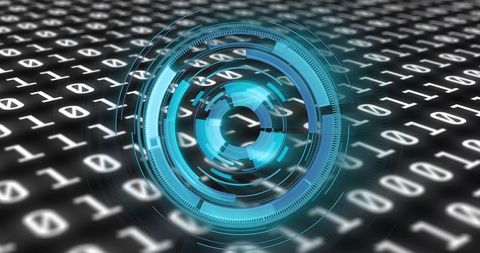 Floating cyan hud gliding over binary data, futuristic cybersecurity interface
