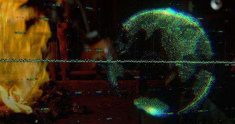 Projecting holographic globe with neon glitch and burning flame in industrial workshop