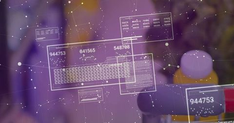 Projecting holographic data over tabletop visualizing network nodes, ids and analytics