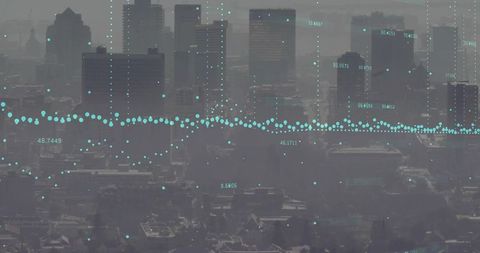 City data visualization overlaying downtown skyline with turquoise dotted waveform and readouts