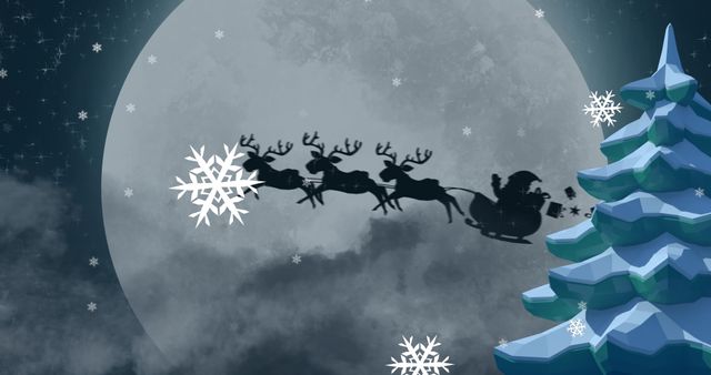 Santa in Sleigh Pulled by Reindeer Silhouette Against Full Moon, Winter Scenery - Download Free Stock Images Pikwizard.com