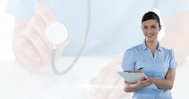 Smiling Nurse Holding Clipboard with Overlay of Hand and Stethoscope - Download Free Stock Photos Pikwizard.com