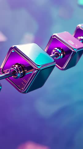 Spinning chrome cubes gliding on rod revealing engraved patterns futuristic vertical loop