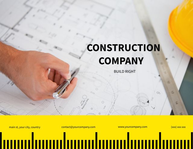 Featuring an engineer's hand drafting on a blueprint with construction tools, this image is ideal for marketing construction projects, architectural firms, engineering services, and educational materials in civil engineering. It can be used in brochures, websites, presentations, and advertisements to emphasize precision, planning, and professional expertise.