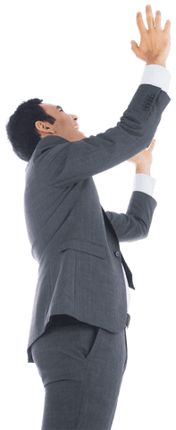 Transparent Energetic Businessman Celebrating Success with Raised Arms