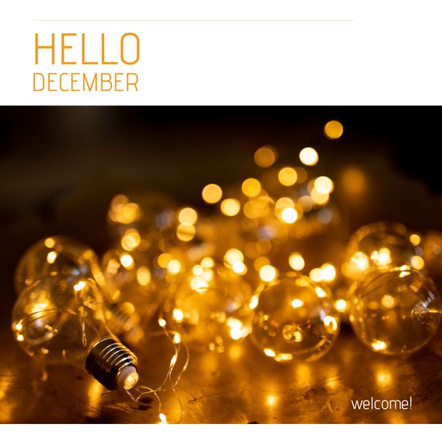 Composite of hello december and welcome text over illuminated light bulbs and bokeh effect on table. Copy space, christmas, decoration, winter, welcome, greeting, holiday, creativity, celebration.