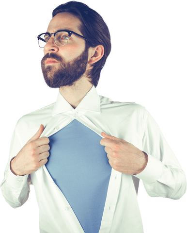 Depicts a caucasian businessman confidently pulling his shirt open as if revealing hidden potential or ideas. Useful for illustrating themes of confidence, unveiling secrets, or an office superhero. Ideal for business presentations, marketing materials, or inspiring workplace posters.