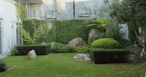 Modern courtyard garden with trimmed hedges and geometric design