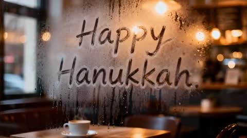 Cozy cafe window wishing Happy Hanukkah with steaming coffee and warm bokeh lights