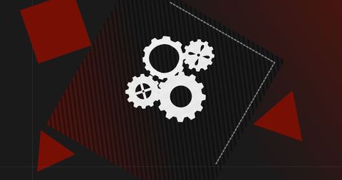 Abstract gear icons spinning with red shapes on black background