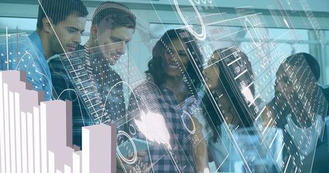 Professionals collaborating with holographic technology in modern meeting room