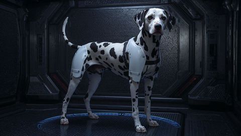 Standing dalmatian wearing white armored exosuit inside sci-fi metallic chamber