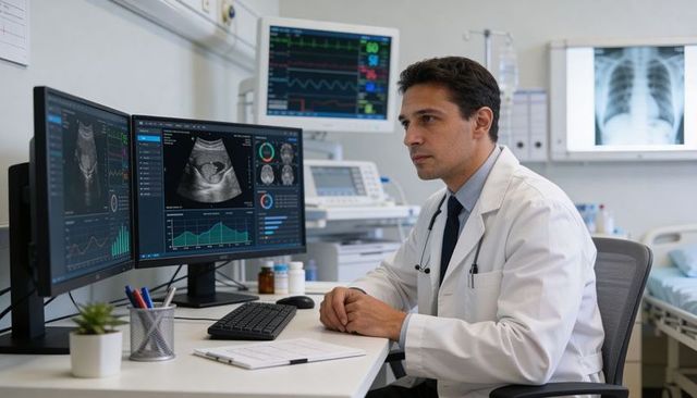 Doctor reviewing ultrasound and clinical data on dual monitors in modern hospital workstation