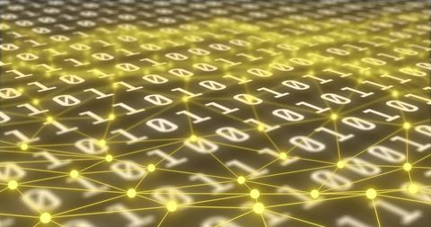 Glowing Binary Network Mesh with Neon Nodes Connecting Data Grid for Cybersecurity Visuals