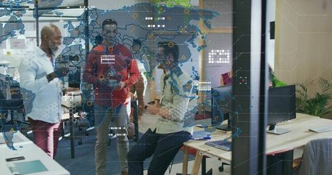 Collaborating around global map overlay for strategy and remote teams in modern open office