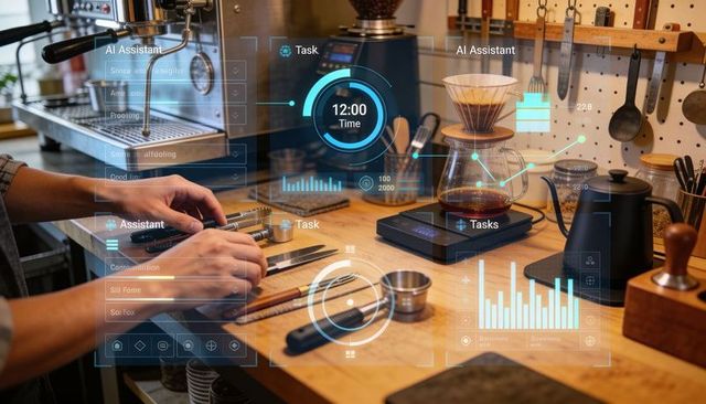 Barista preparing precision espresso with augmented reality assistant, scale and pour-over