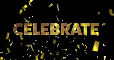 Celebrate text with golden confetti on black background