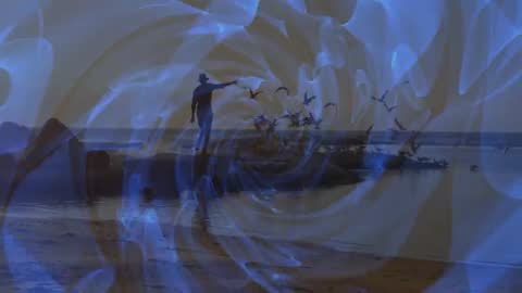 Abstract Swirl Over Seagull Flight by Ocean at Dusk