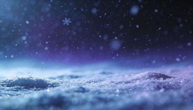 Shimmering Snow Crystals at Twilight with Falling Flakes and Soft Blue Bokeh Glow
