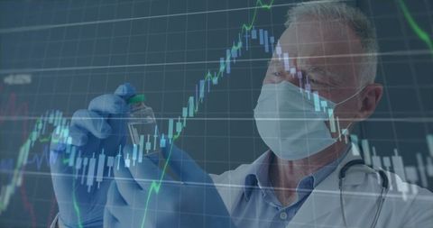 Doctor analyzing medical vial overlay with financial chart