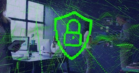 Cybersecurity shield overlay on office technology scene