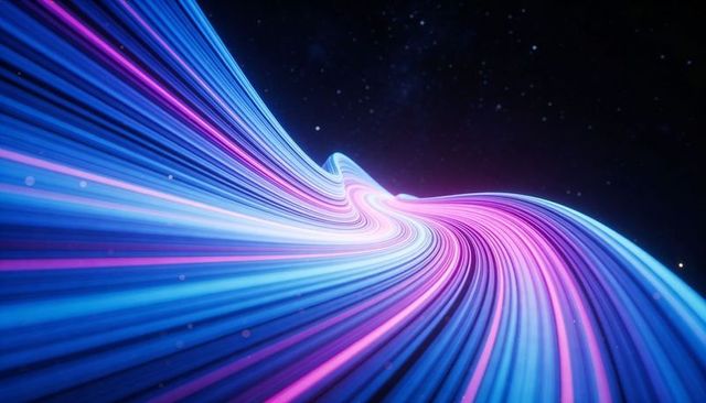 Sweeping neon light ribbon curving through starry void creating futuristic speed effect
