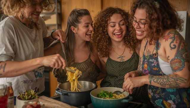 Friends cooking pasta together in cozy home kitchen, laughing and sharing meal