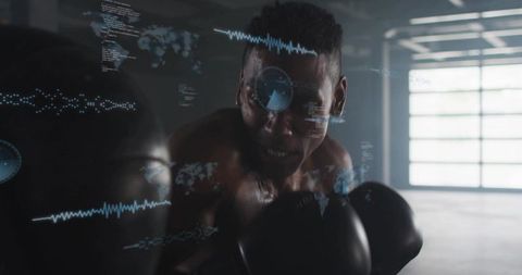 Punching boxer training with intense focus and tech hud overlay in gritty industrial gym
