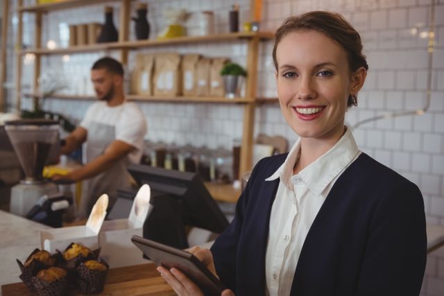 Smiling female cafe owner using a digital tablet with a waiter working in the background. Ideal for illustrating small business management, customer service, and the use of technology in the hospitality industry. Perfect for articles, blogs, and marketing materials related to cafes, bakeries, and modern business practices.
