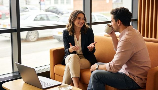 Colleagues Collaborating on Orange Couch in Modern Office, Woman Gesturing, Man Drinking Coffee