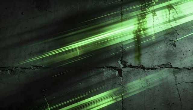 Neon green light streaks cutting cracked concrete slab with gritty industrial texture