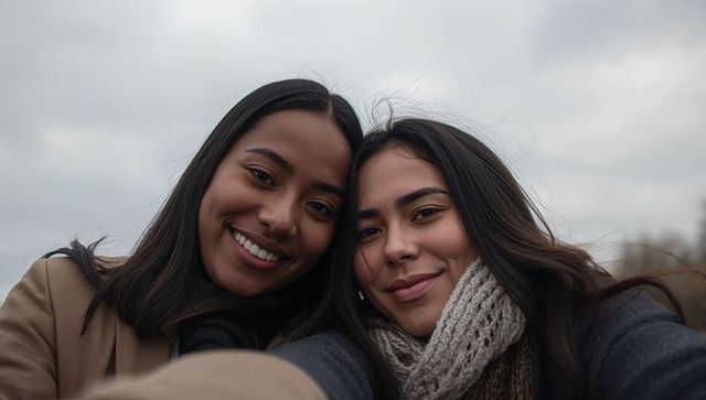 Smiling friends taking selfie outdoors wearing winter coats and knit scarf on overcast day