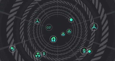 Spiral data tunnel with floating energy icons, co2 tracking, recycling and turbine symbols