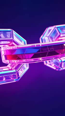Vertical video rotating neon glass octagonal links looping futuristic abstract tech chain