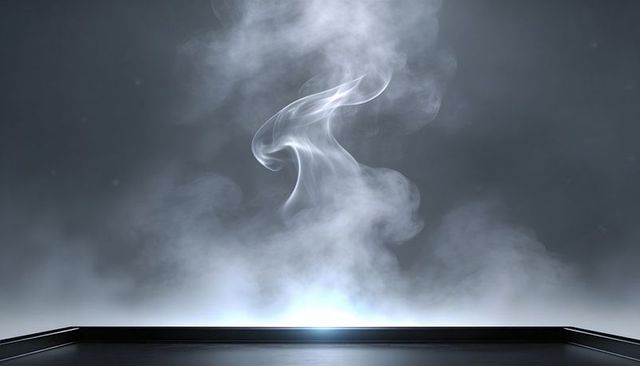 Rising smoke curling into shapes on backlit reflective platform with ground fog