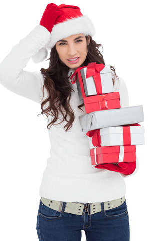 Stressed Woman in Santa Hat Holding Xmas Gifts Transparent Background