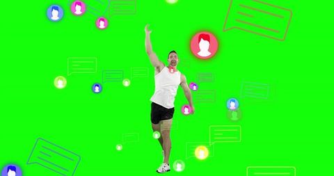 Fitness Enthusiast Jumping Wearing Headphones on Green Background with Floating Chat Icons