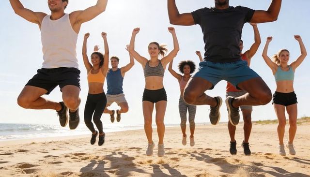Group jumping workout on sunny beach, fitness class training together by ocean