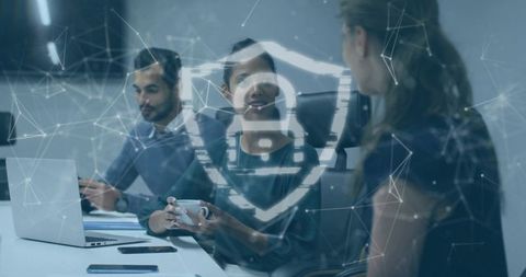 Business Meeting with Cybersecurity Icon Overlay