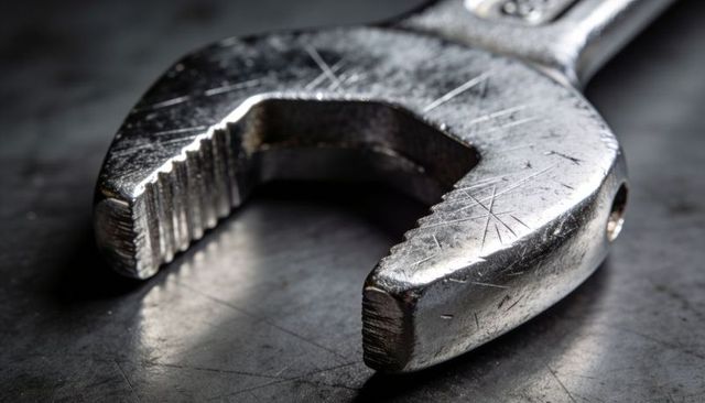 Macro of worn open-end wrench showing serrated jaws and scratched steel workbench texture