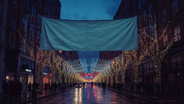Festive Street with String Lights and Reflection at Dusk