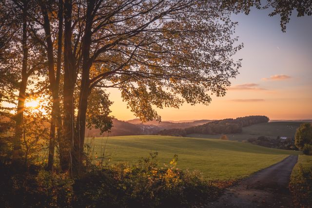 Beautiful sunset lighting up the sky with orange hues over a quiet countryside landscape dotted with trees and rolling hills. Ideal for promoting relaxation, travel destinations, nature conservation, and rural retreats.