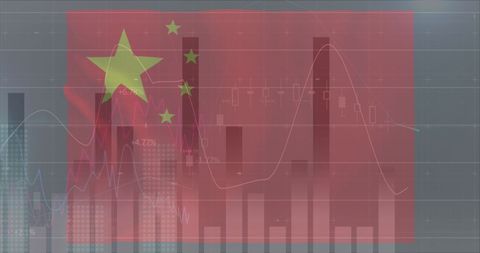 Chinese Flag Overlaying Financial Data Visualization