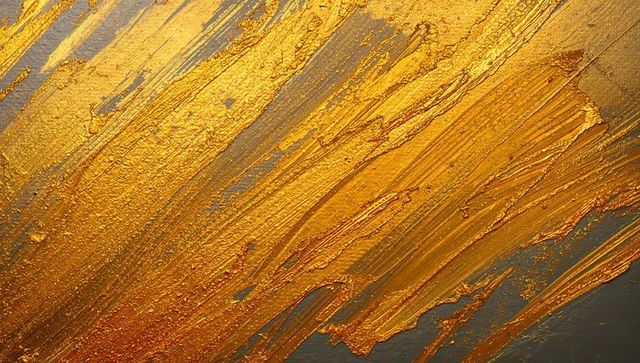 Metallic gold impasto strokes on grey panel with knife marks and diagonal texture