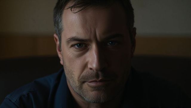Moody male headshot holding intense gaze in low-key lighting, cinematic closeup portrait