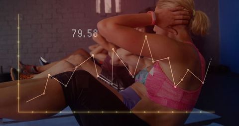 Group core workout woman doing crunches wearing smartwatch with fitness metrics overlay