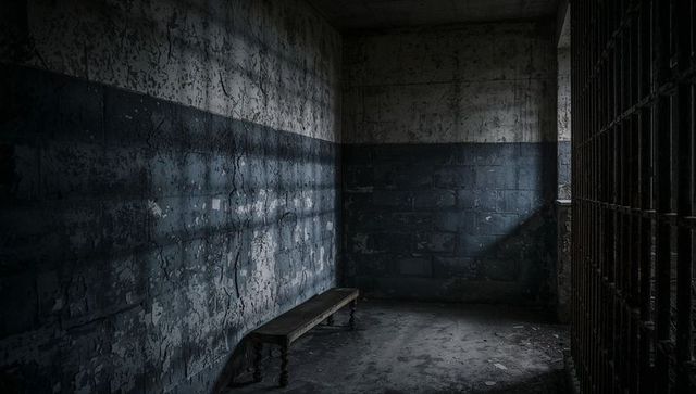 Abandoned Jail Cell Interior with Lone Wooden Bench