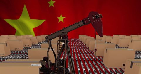 Oil derrick and conveyor belts against chinese flag